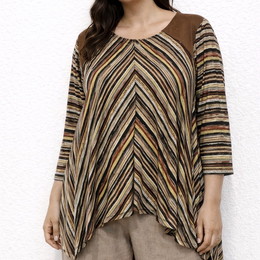 Multiples Brown Asymmetrical liquid knit 3/4 Sleeve‎ Blouse 2X